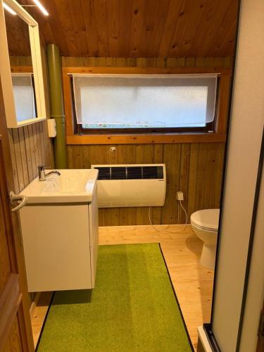a bathroom with a sink and a toilet and a window at Haus Sommerfeld in Meißendorf