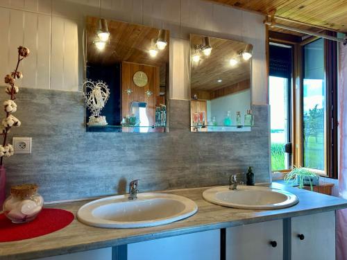 a bathroom with two sinks and a large mirror at La Ferme de Tart in Verdonnet
