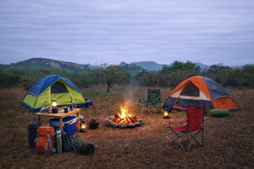 a group of tents and a campfire in a field at Monoshez Bush Camp in Nsikazi