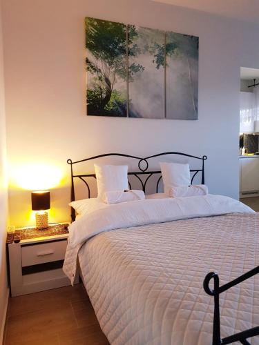 a bedroom with a bed with a white comforter at Apartament u Anielki in Uniejow