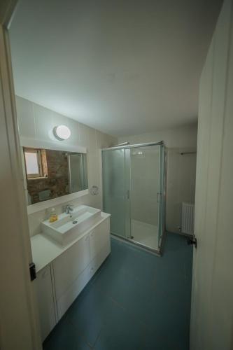 a bathroom with a sink and a glass shower at Farmakas Living in Pharmakas