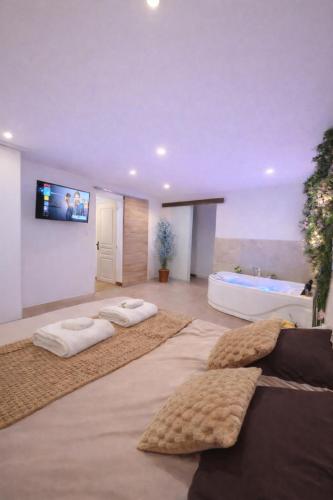 a large living room with a couch and a tub at Logement entier avec jacuzzi proche futuroscope in Naintré