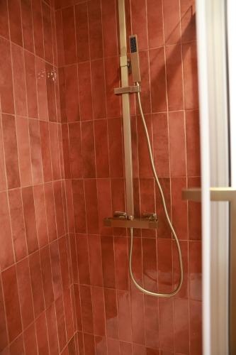 a shower with a hose in a red tiled bathroom at Les Écuries - Studio Hyper Centre & Bouffay in Nantes
