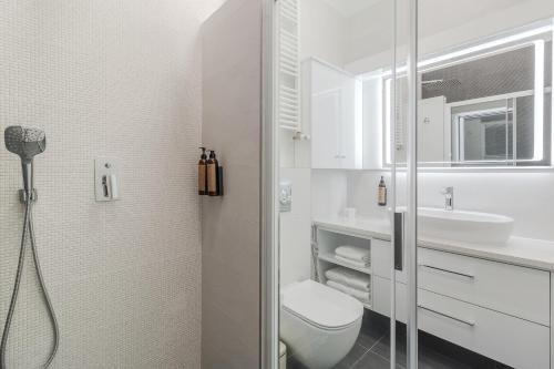 a bathroom with a shower and a toilet and a sink at Casa Doseanu , Stern Palace Historic Residence in Oradea
