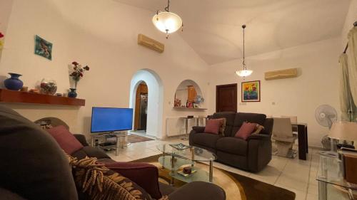 a living room with two couches and a tv at Luxury 3Bedroom Villa with Pool, Garden & Sunset in Tala