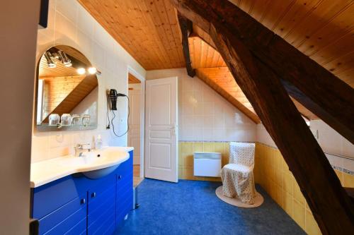 a bathroom with a sink and a toilet and wooden ceilings at Le mouly/petit gite in Miossens-Lanusse