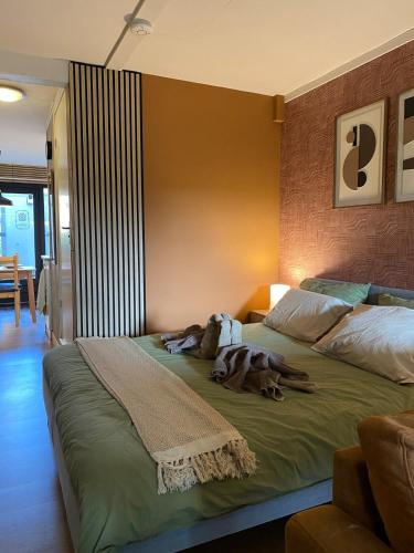 two dogs laying on a bed in a bedroom at Appartement met jacuzzi in Huizen in Huizen