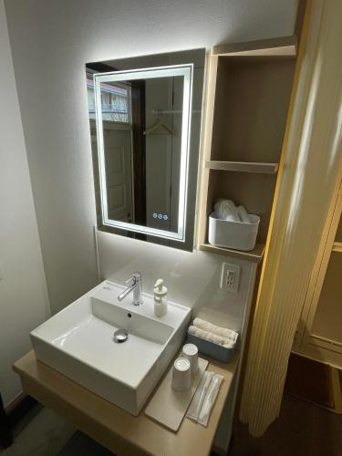 a bathroom with a white sink and a mirror at A private retreat Cotton Club Cottage in Takamori