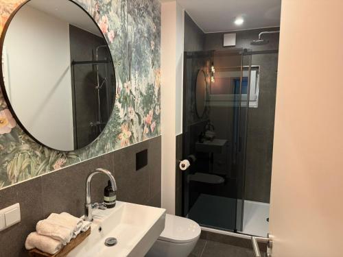 a bathroom with a sink and a mirror and a toilet at Superior Apartment mit 1 Schlafzimmer in Hildesheim