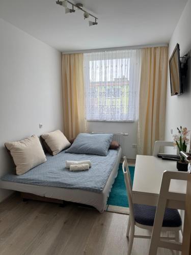 a small bedroom with a bed and a desk at Apartment 4 rooms 'Bauer' in Korfantów