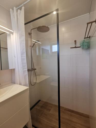 a shower with a glass door in a bathroom at TheGilgahouse Gardenroom nr 2 in Nakskov