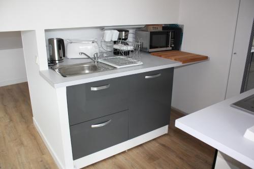 a kitchen counter with a sink and a microwave at Le Clos Beaufleury in Bordeaux