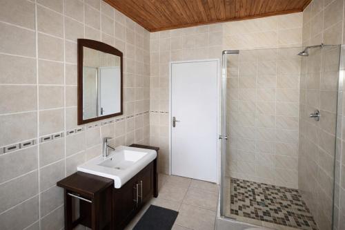 a bathroom with a sink and a shower and a mirror at Work, Rest, Repeat, Comfortable 2BR Flat in Kathu in Kathu
