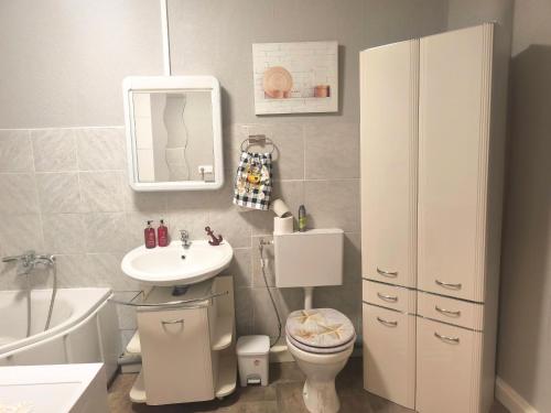 a bathroom with a white toilet and a sink at Diana Apartments in Klingenthal