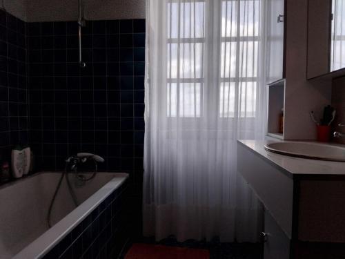 a bathroom with a tub and a window and a sink at Face à la Mer in Perros-Guirec