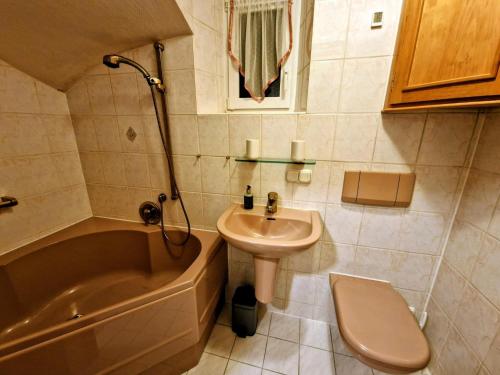 a bathroom with a sink and a tub and a toilet at Haus am Thiesenring in Bad Berneck im Fichtelgebirge
