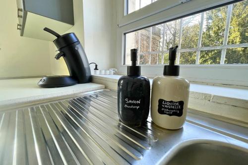 two bottles of soap sitting on top of a kitchen counter at L'Éclipse - Gare de Melun in Melun
