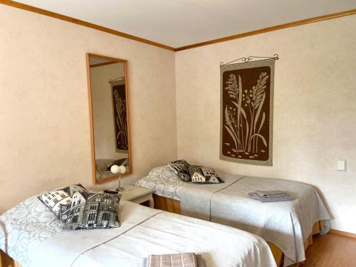 a room with two beds and a mirror at Yli-Kaitala Holiday Resort Tuuliviiri in Savio