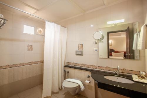 a bathroom with a toilet and a sink and a mirror at Hotel Indraprastha Thiruvalla in Talavadi