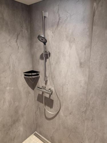 a shower in a bathroom with a shower head at l'Auberge des Gourmets Hôtel Restaurant in Le Vaudioux