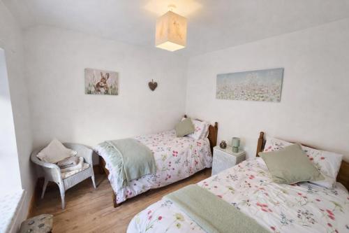 a bedroom with two beds and a chair at Pen Llyn Quarryman's Cottage in Trevor