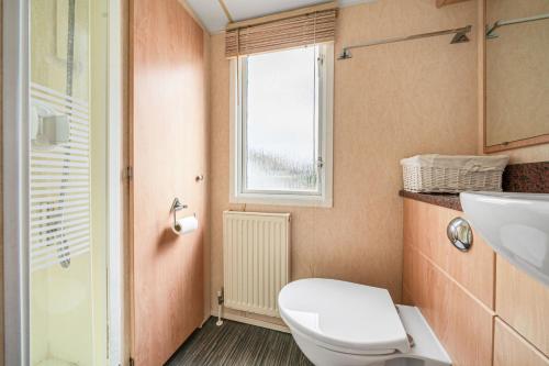 a bathroom with a toilet and a sink and a window at Washington Lodge in Heacham
