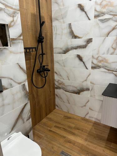 a bathroom with a toilet and a marble wall at Apartment N 1 in Chernomorets