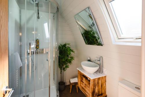 a bathroom with a sink and a shower at Pheasant Lodge in Little Bytham