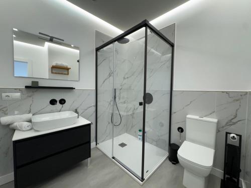 a bathroom with a shower and a toilet and a sink at Hotel Apartamento 3 Lobitos in Villardeciervos