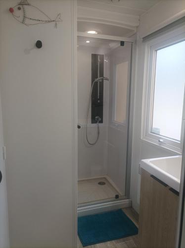 a bathroom with a shower with a sink and a window at camping les oyats in Seignosse