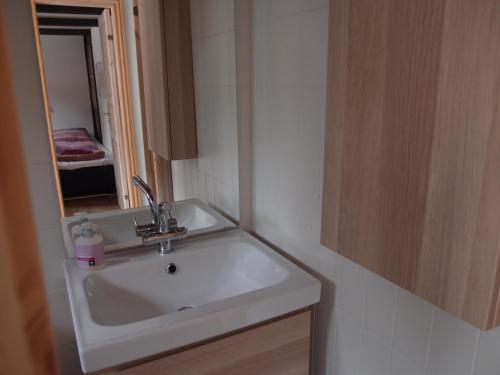 a white sink in a bathroom with a mirror at Bjældskovgaard Holiday House in Funder Kirkeby