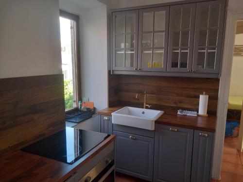 a kitchen with gray cabinets and a white sink at APT. OLD TOWN in Rab
