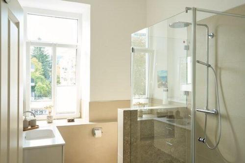 a bathroom with a shower and a sink and a window at Ferienwohnung Villa Else in Bad Neuenahr-Ahrweiler
