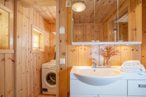 a bathroom with a sink and a washing machine at Rundetjødn 20 in Hol