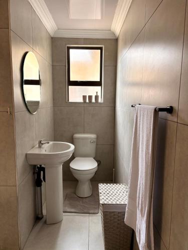 a bathroom with a white toilet and a sink at Ring Road Guesthouse in Vereeniging