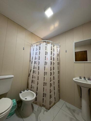 a bathroom with a toilet and a shower curtain at El Colibrí 1 in Arroyo Seco