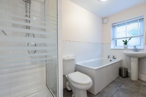 a white bathroom with a toilet and a sink at Kite Cottage in Llangadwaladr