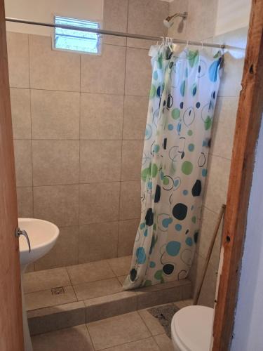 a bathroom with a shower curtain and a toilet at Wally wally 2 in Senador Pérez