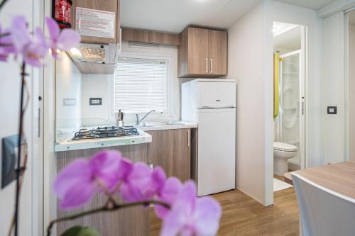 a small kitchen with a sink and a refrigerator at Club del Sole Adriano Family Collection in Punta Marina