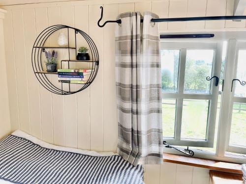 a room with a bed and a mirror and a window at Cwt Tyddyn Shepherd's Hut in Corwen