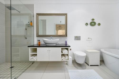 a bathroom with a sink and a toilet and a mirror at Millbury Guest House in Port Elizabeth