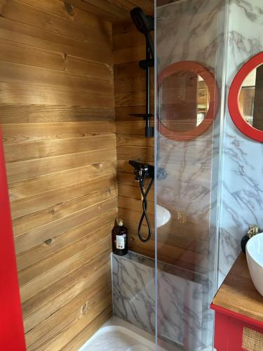 a bathroom with a shower and a sink at Tiny Haus roter Wagen in Langenselbold