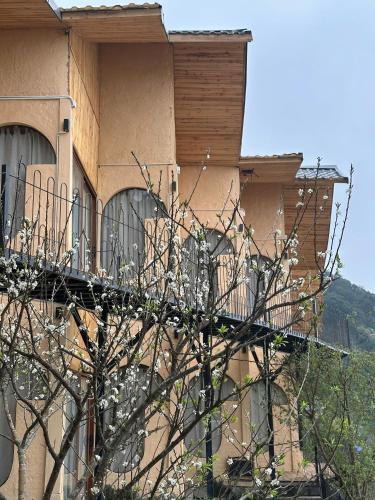a building with a balcony with a tree in front of it at Phỏng Lài Mountain Homestay - Ta Xua Peak View in Bắc Yên