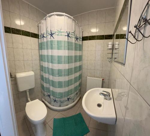 a small bathroom with a toilet and a sink at Zöldfa Panzió in Miskolc
