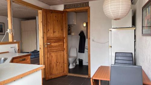a kitchen with a refrigerator and a toilet in it at Købmandsgården 1 in Sæby