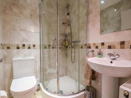 a bathroom with a shower and a toilet and a sink at Hill View in Bala