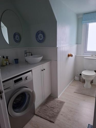 a bathroom with a washing machine and a sink at Turquoise Loft, Noordhoek, Cape Town in Good Hope