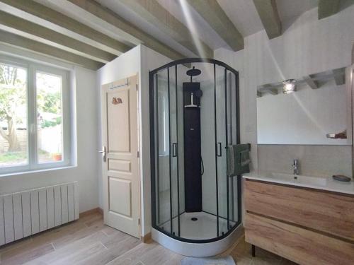 a glass shower in a bathroom with a sink at La petite maison de Sandra in Le Plessis-Grohan