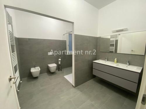 a bathroom with two sinks and a toilet and a mirror at Lilly Garden Lago Lugano with private parking garden and air conditioning in Porlezza
