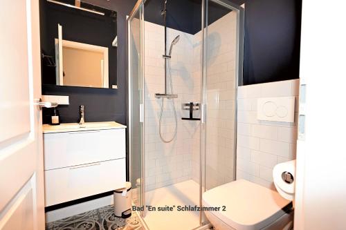 a bathroom with a shower and a toilet and a sink at Residenz R1 App 5 in Behrensdorf